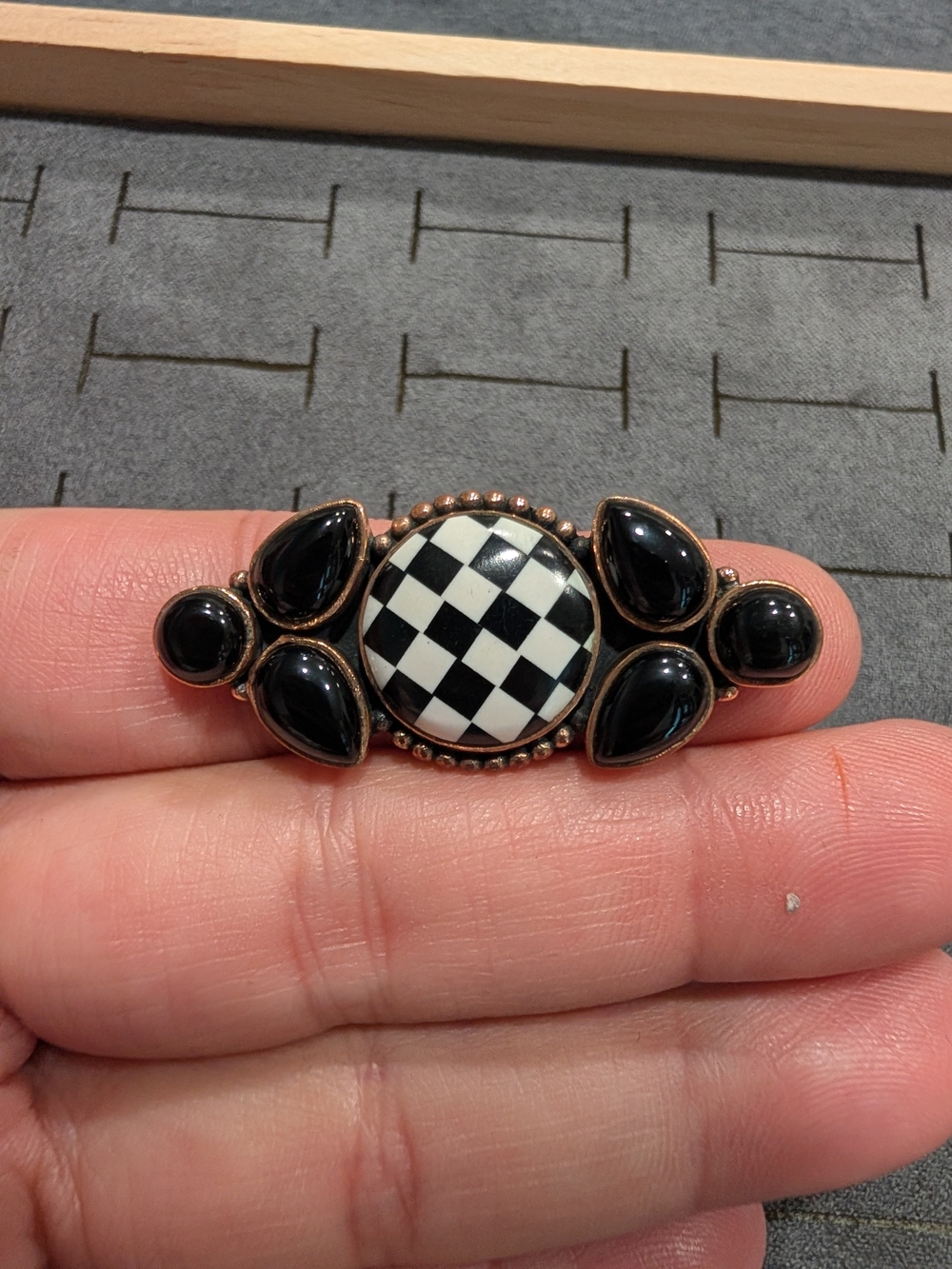 Black & White Check Round Cabochon Statement Ring - Women Jewelry